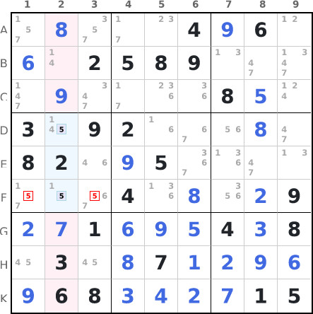 Locked candidates type 2 / Box-line reduction / Claiming example 4