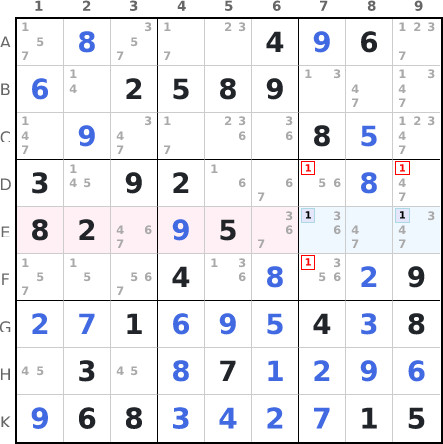 Locked candidates type 2 / Box-line reduction / Claiming example 3